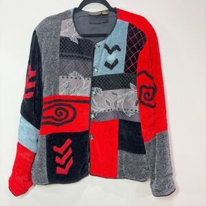 VTG Red Gray Chenille Embroidered Patchwork Jacket Womens XL Artsy 80s Abstract